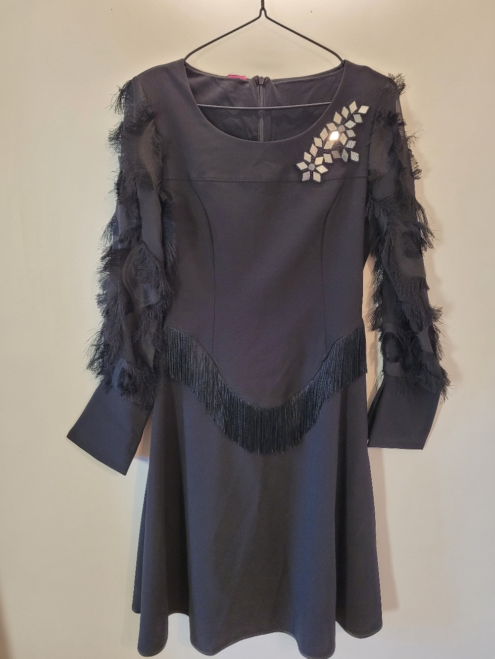 Save The Queen Black Long Sleeve Fringe & Feather Detail Dress - Size S